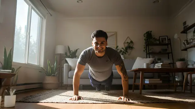 Hombre haciendo una flexión en el salón de su casa